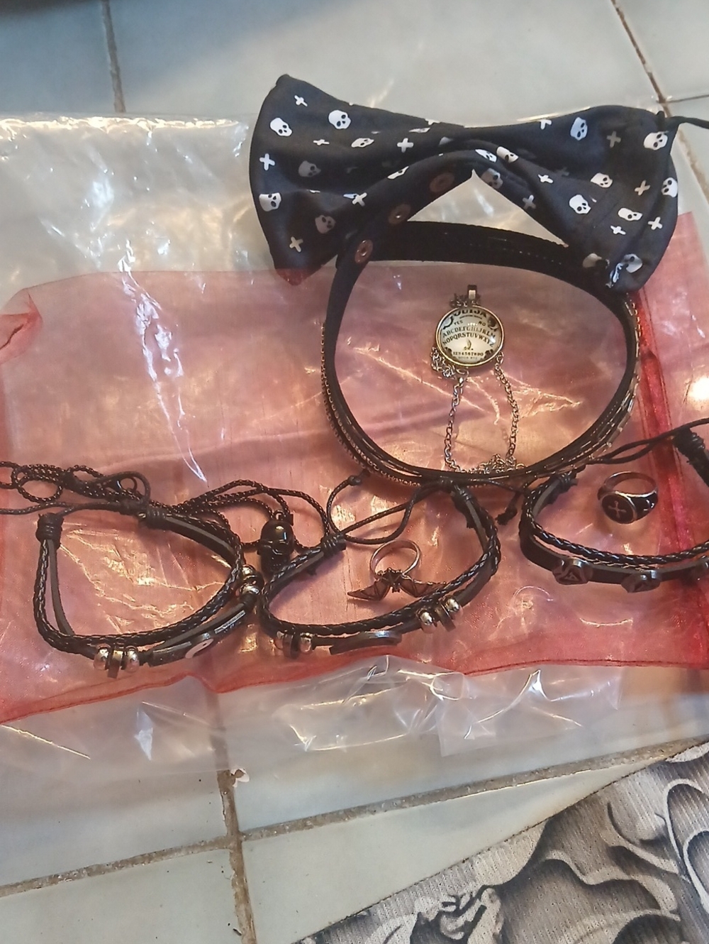 4 Bracelets ,2 Rings, 2 Necklaces,skelton Pouch & Scarf All New